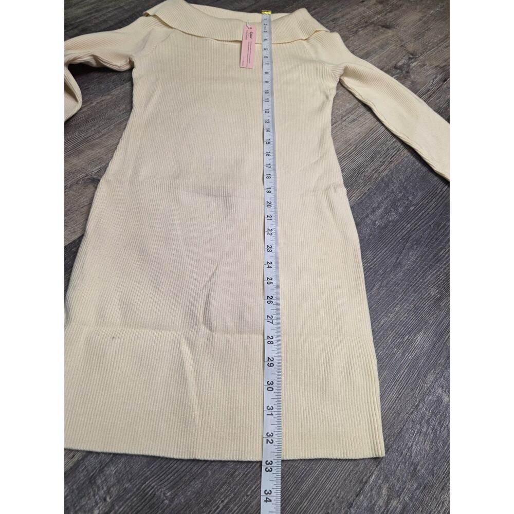 Qinsen Womens L Dress Cream Ribbed Knit Off Shoulder Long Sleeve Bodycon NWT - Picture 4 of 6